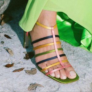 New STAUD Multicolor Ann Satin Sandals Heels Straps Gladiator 38